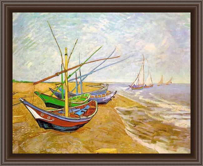 Framed Vincent van Gogh fishing boats on the beach painting