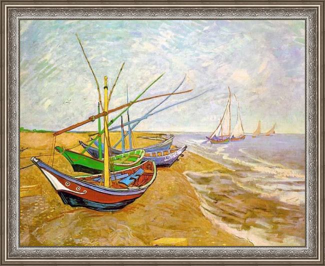 Framed Vincent van Gogh fishing boats on the beach painting