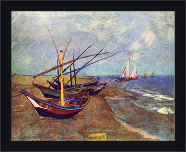 Framed Vincent van Gogh fishing boats on the beach at saints-maries painting