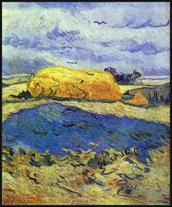 Framed Vincent van Gogh haystack in rainy day painting