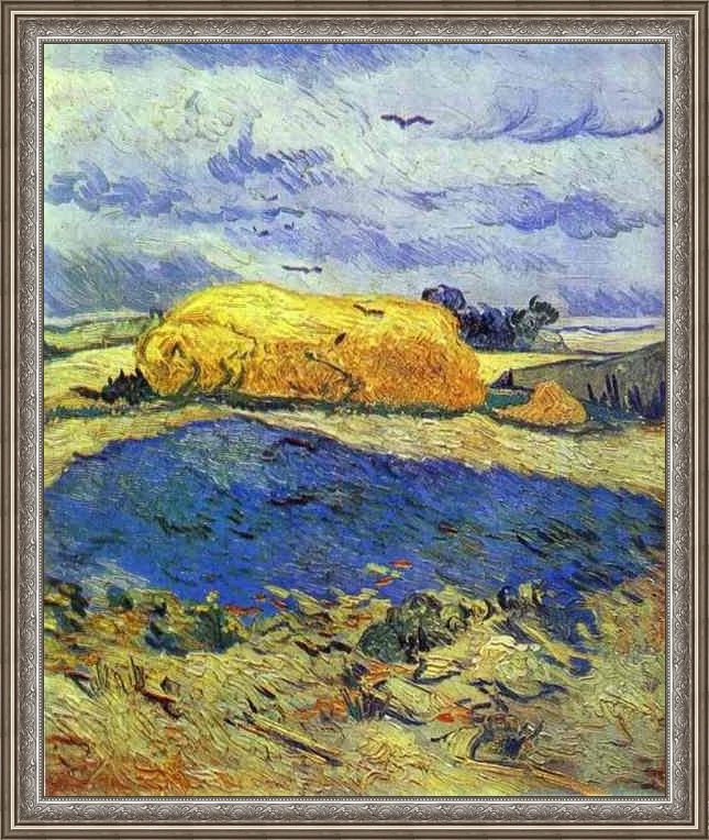 Framed Vincent van Gogh haystack in rainy day painting