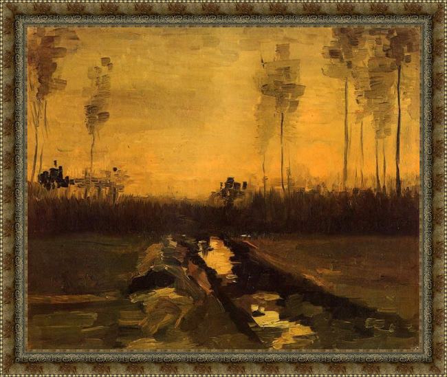 Framed Vincent van Gogh landscape at dusk painting