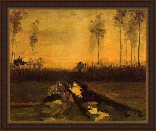 Framed Vincent van Gogh landscape at dusk painting