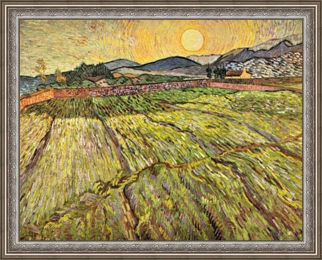 Framed Vincent van Gogh landscape with ploughed fields painting