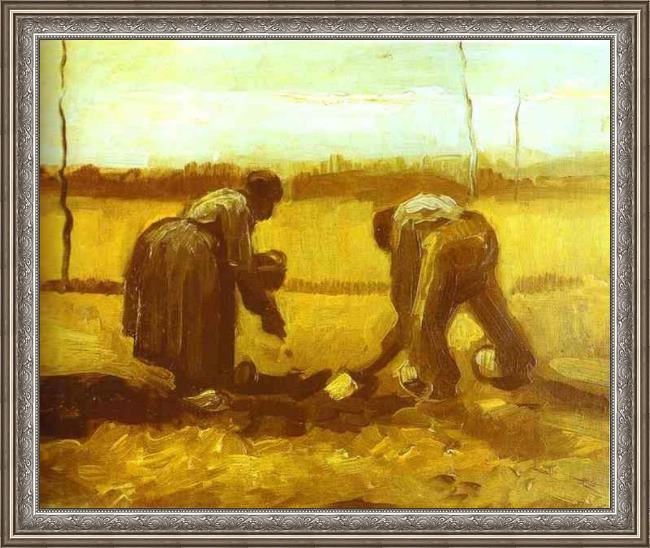 Framed Vincent van Gogh peasant man and woman planting potatoes painting