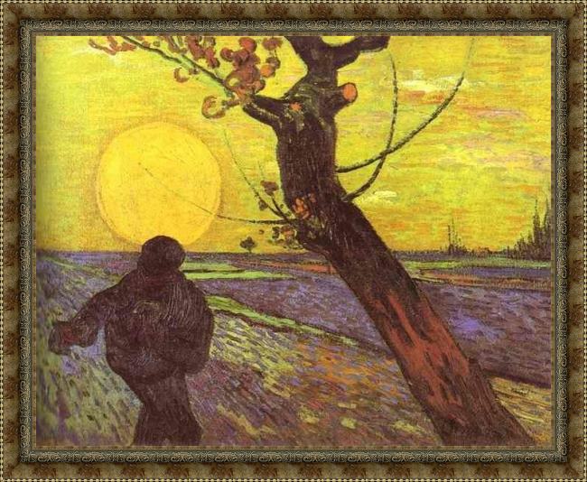 Framed Vincent van Gogh sower with setting sun after millet painting