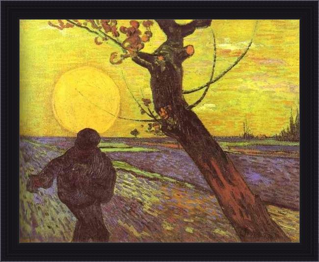 Framed Vincent van Gogh sower with setting sun after millet painting