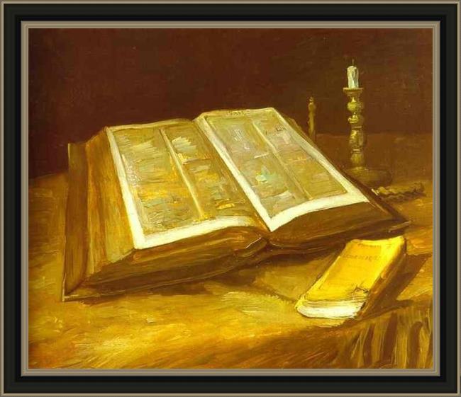 Framed Vincent van Gogh still life with open bible painting