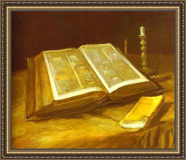 Framed Vincent van Gogh still life with open bible painting