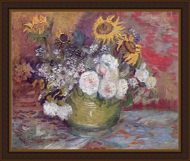 Framed Vincent van Gogh still life with roses and sunflowers painting