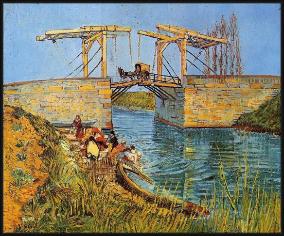 Framed Vincent van Gogh the langlois bridge at arles with women washing painting