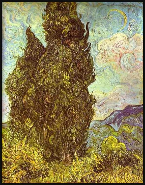 Framed Vincent van Gogh two cypresses saint-remy painting