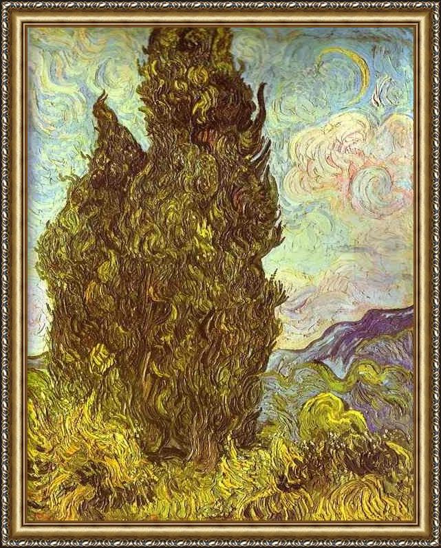 Framed Vincent van Gogh two cypresses saint-remy painting