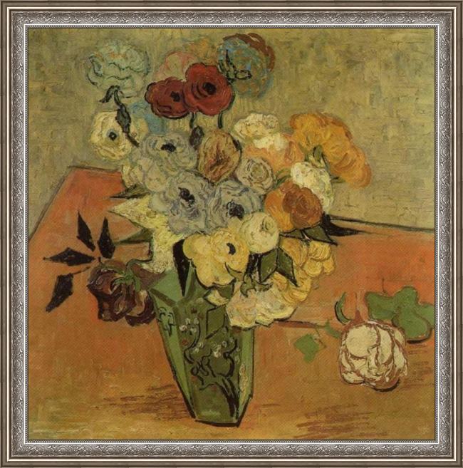 Framed Vincent van Gogh vase with roses and anemones painting
