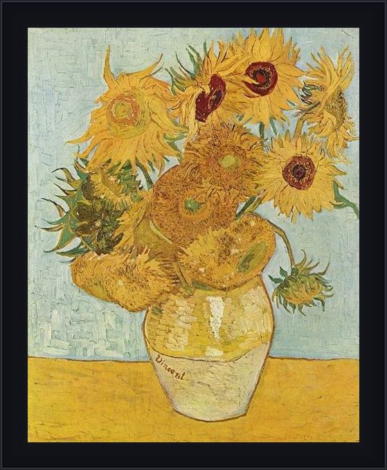 Framed Vincent van Gogh vase with twelve sunflowers painting