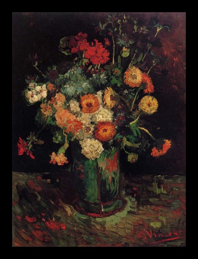 Framed Vincent van Gogh vase with zinnias and geraniums painting