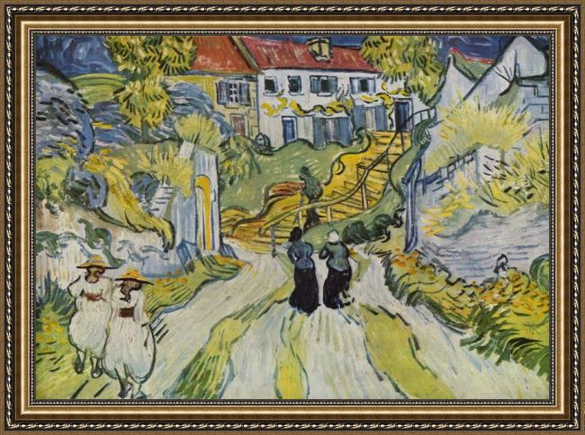 Framed Vincent van Gogh village street and stairs with figures painting