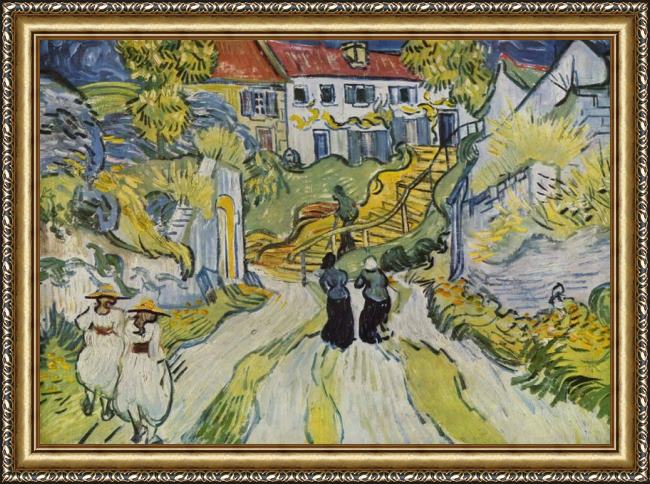 Framed Vincent van Gogh village street and stairs with figures painting