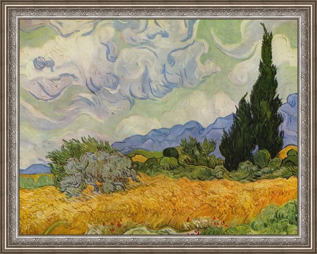 Framed Vincent van Gogh wheat field with cypresses 1889 painting