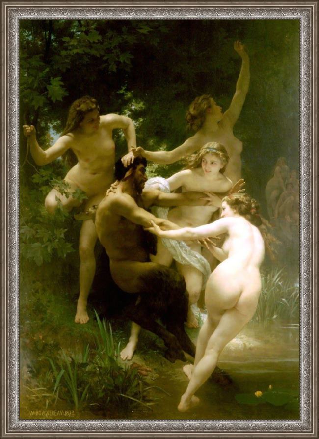 Framed William Bouguereau nymphs and satyr. painting