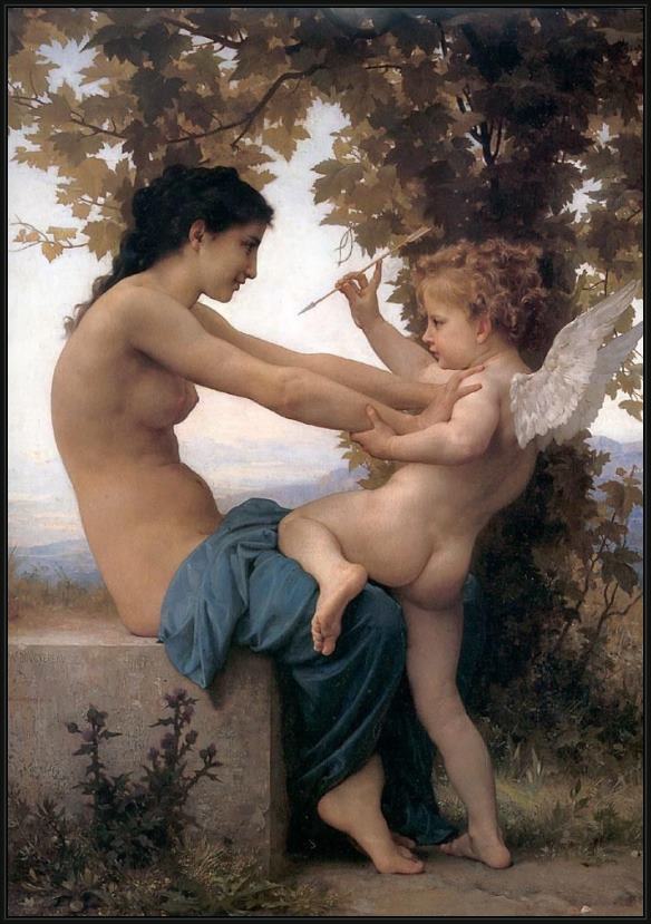 Framed William Bouguereau young girl defending herself against cupid painting