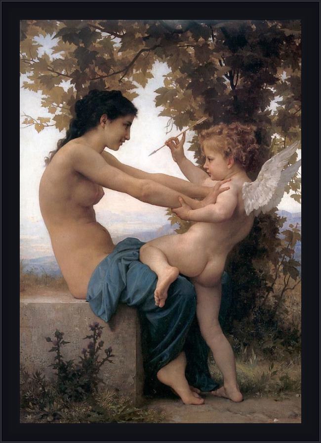 Framed William Bouguereau young girl defending herself against cupid painting