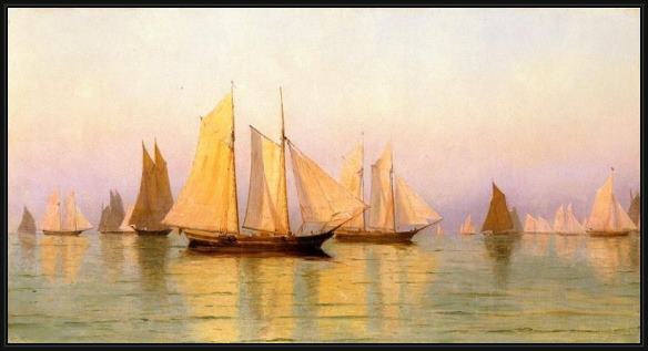 Framed William Bradford sloops and schooners at evening calm painting
