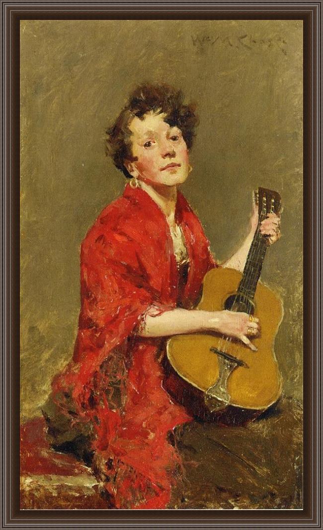 Framed William Merritt Chase girl with guitar painting