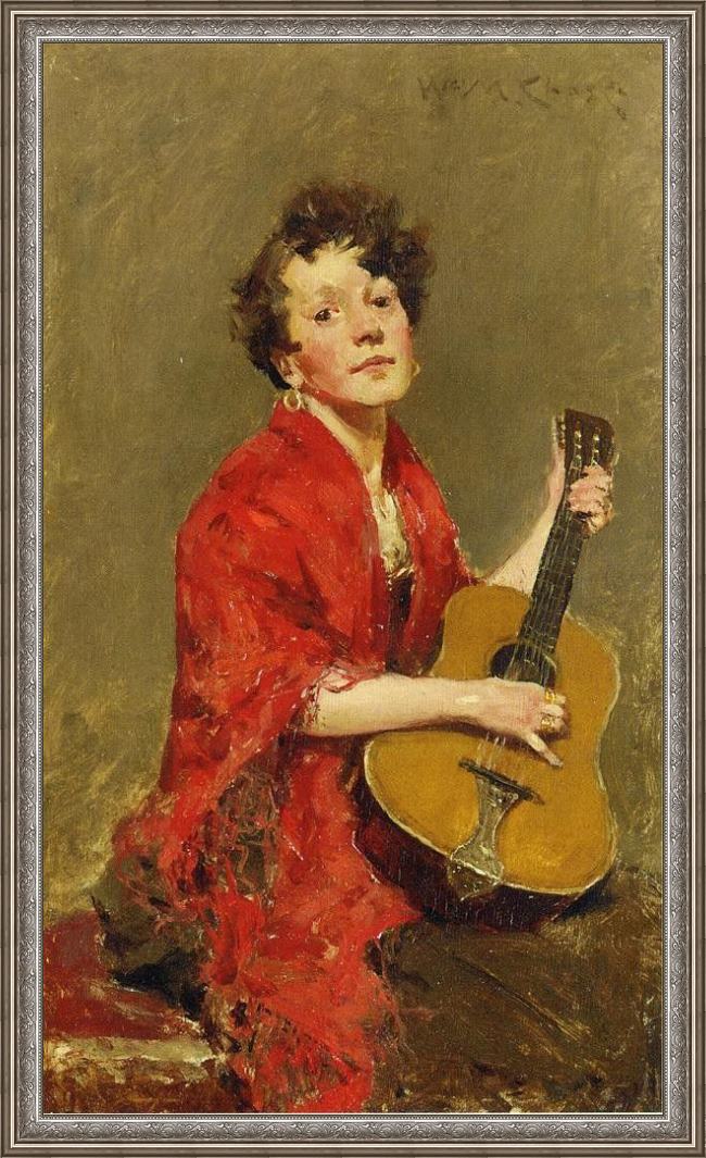 Framed William Merritt Chase girl with guitar painting