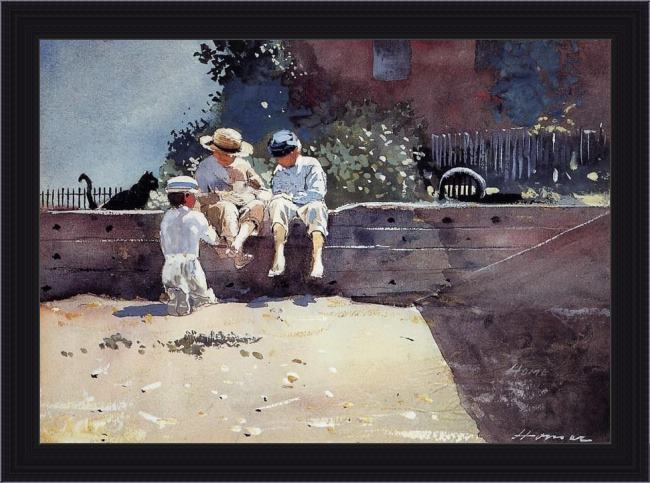 Framed Winslow Homer boys and kitten painting