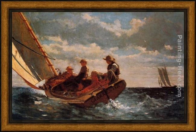Framed Winslow Homer breezing up painting