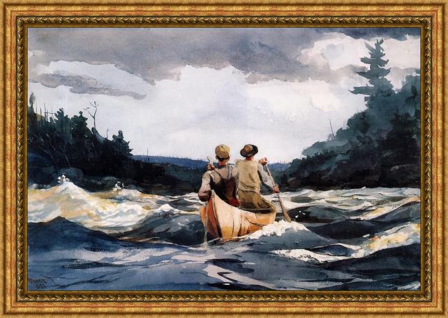 Framed Winslow Homer canoe in the rapids painting