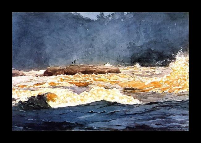 Framed Winslow Homer fishing the rapids saguenay painting