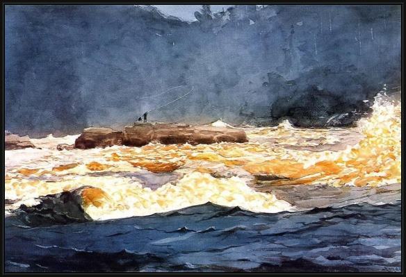 Framed Winslow Homer fishing the rapids saguenay painting