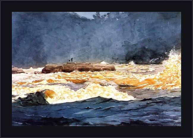 Framed Winslow Homer fishing the rapids saguenay painting