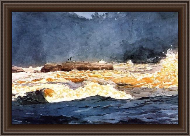 Framed Winslow Homer fishing the rapids saguenay painting