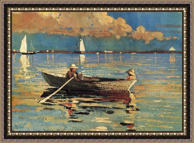 Framed Winslow Homer gloucester harbor painting