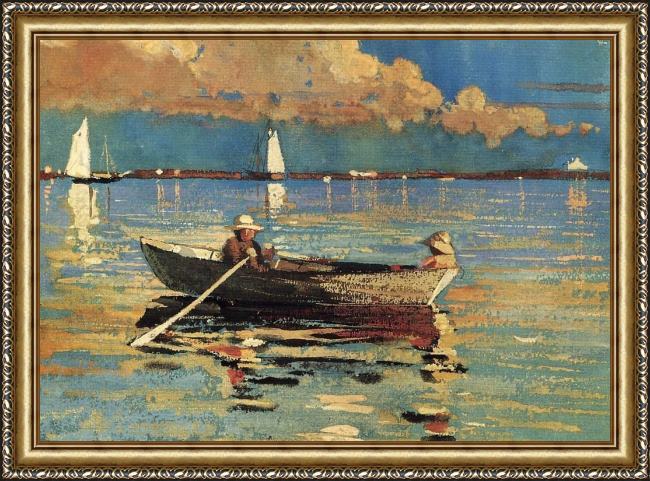 Framed Winslow Homer gloucester harbor painting