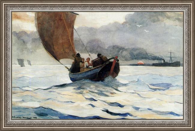 Framed Winslow Homer returning fishing boats painting