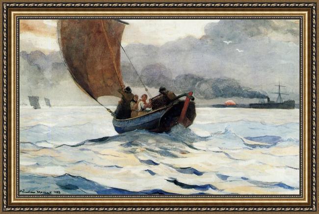 Framed Winslow Homer returning fishing boats painting