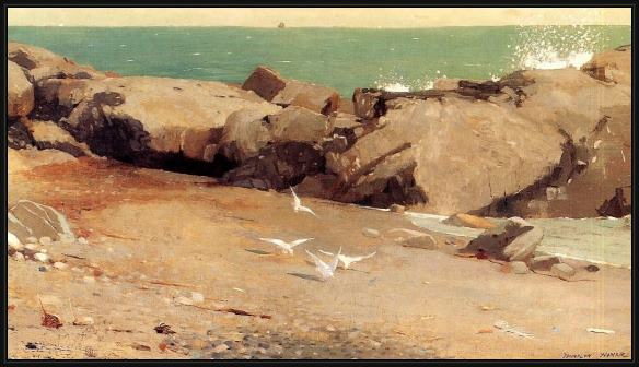 Framed Winslow Homer rocky coast and gulls painting