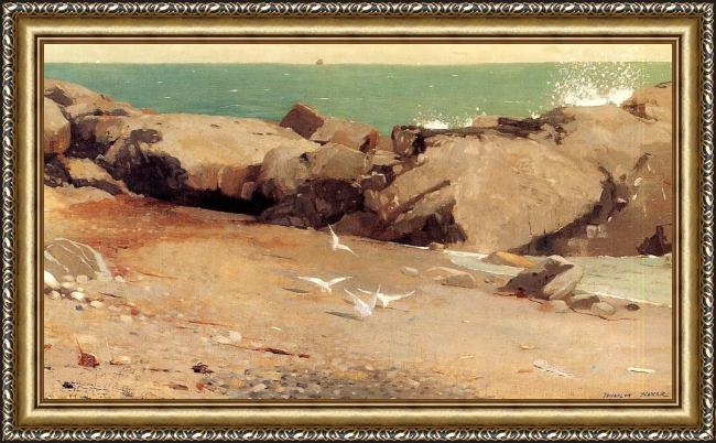 Framed Winslow Homer rocky coast and gulls painting