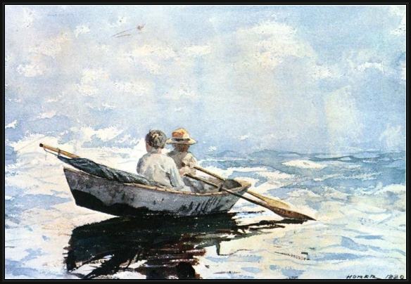 Framed Winslow Homer rowboat painting