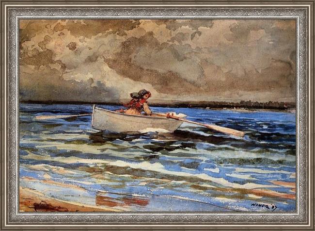Framed Winslow Homer rowing at prout's neck painting