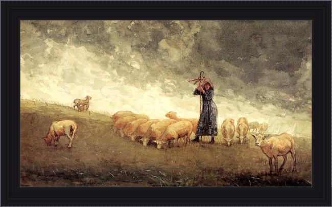 Framed Winslow Homer shepherdess tending sheep painting