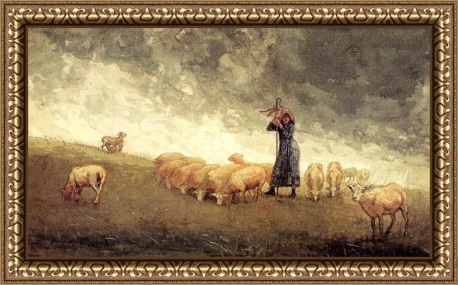 Framed Winslow Homer shepherdess tending sheep painting